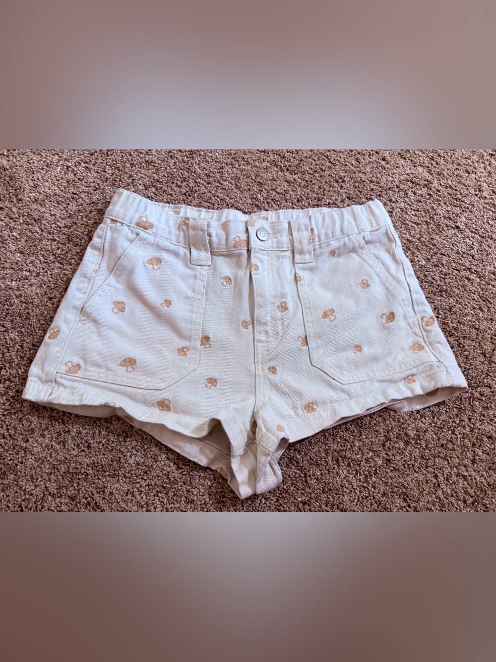 PacSun Cream Denim Shorts Gold Mushroom Print High Rise Size Medium
